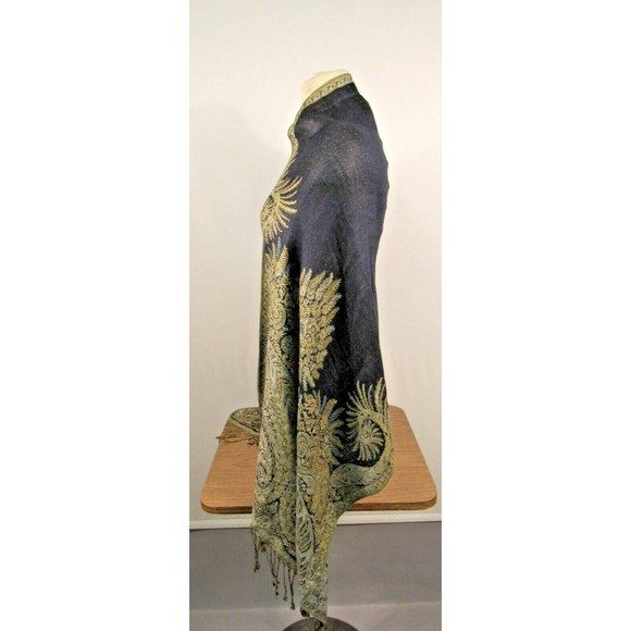Vtg Boho Indigo Blue Paisley Shawl Wrap Gold Metallic Lame Textile - Picture 2 of 12